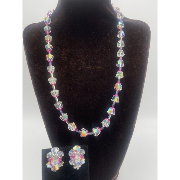 Vintage Vendome Aurora Borealis Crystal Fuschia Metal Necklace Earring Set Rare - Picture 1 of 15